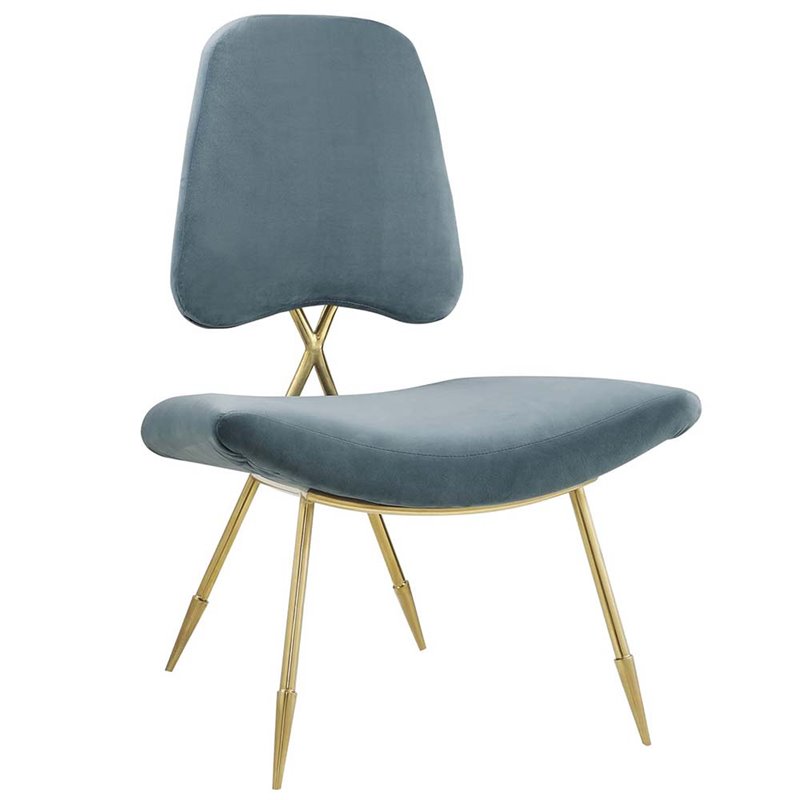Maklaine Performance Velvet Lounge Chair in Sea Blue and Gold