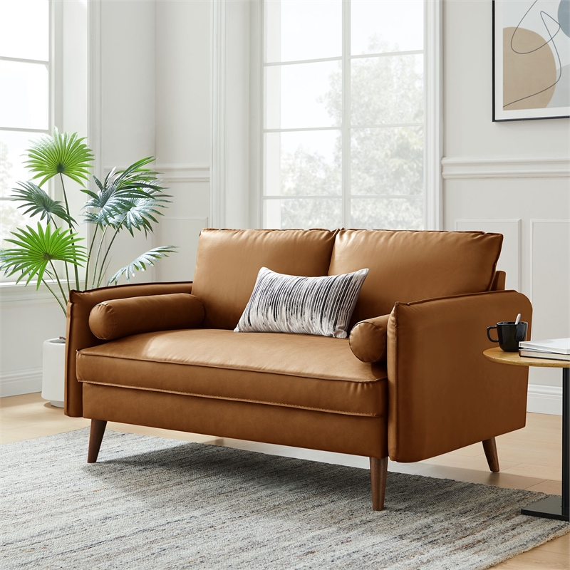 Maklaine Contemporary Vegan Leather Upholstered Loveseat in Tan