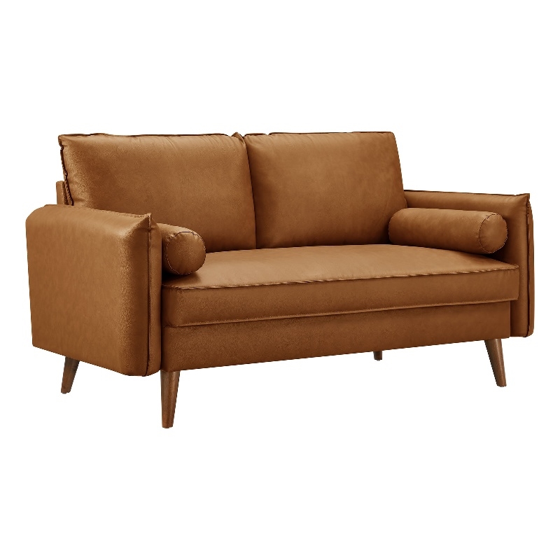 Maklaine Contemporary Vegan Leather Upholstered Loveseat in Tan