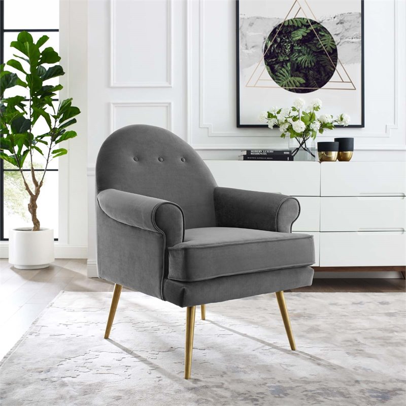 Maklaine Tufted Button Performance Velvet Accent Armchair in Gray