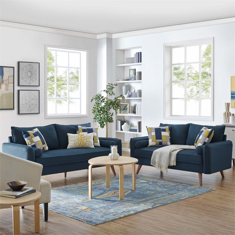 Maklaine 2-Piece Fabric Upholstered Sofa and Loveseat Set in Azure Blue
