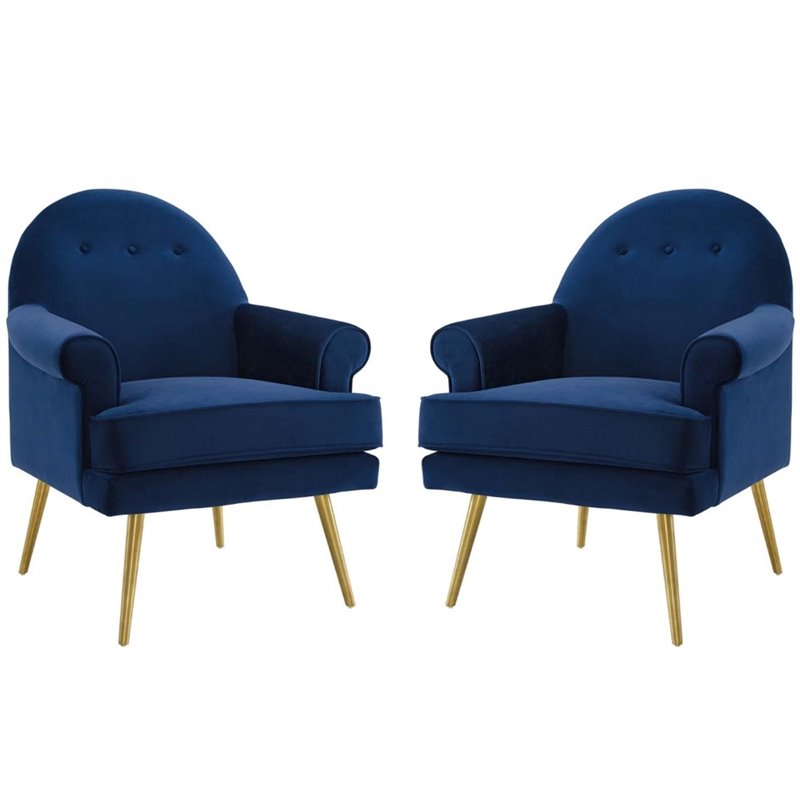 Maklaine Performance Velvet Upholstered Arm Chair in Navy (Set of 2)