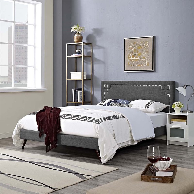 Maklaine Queen Fabric Platform Bed with Round Splayed Legs in Gray