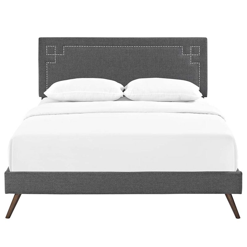 Maklaine Queen Fabric Platform Bed with Round Splayed Legs in Gray