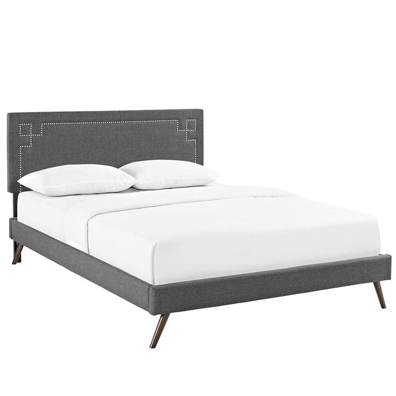 Maklaine Queen Fabric Platform Bed with Round Splayed Legs in Gray