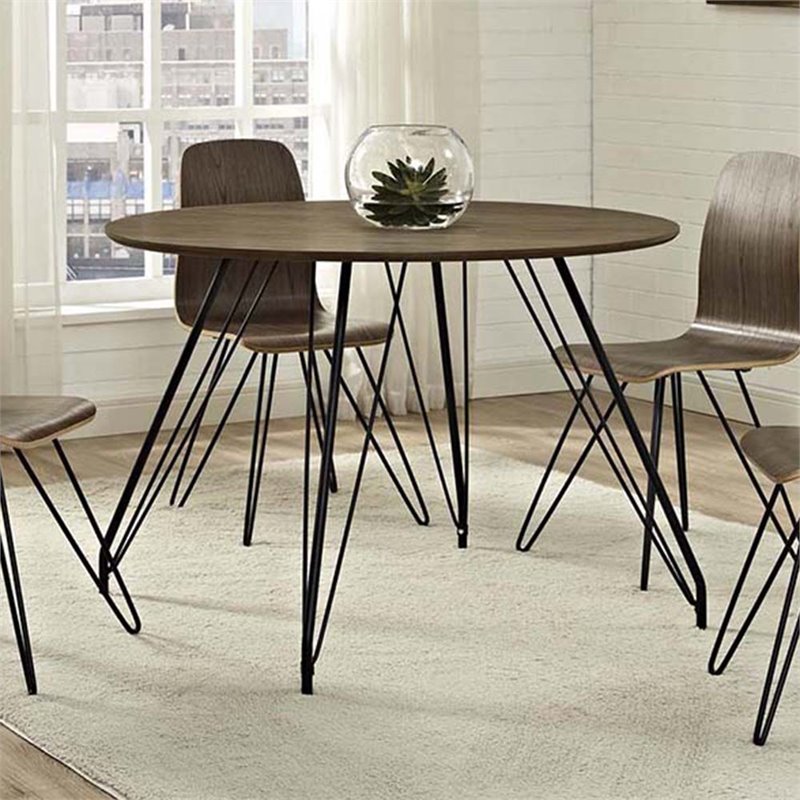 Maklaine Modern Steel and MDF Wood Circular Dining Table in Walnut