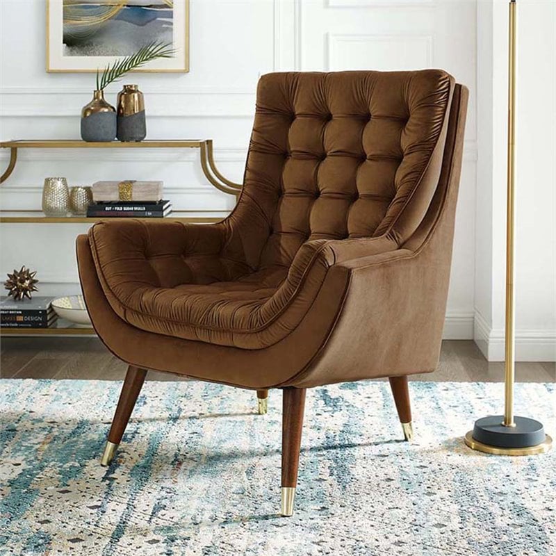 Maklaine Contemporary Tufted Performance Velvet Lounge Chair in Brown