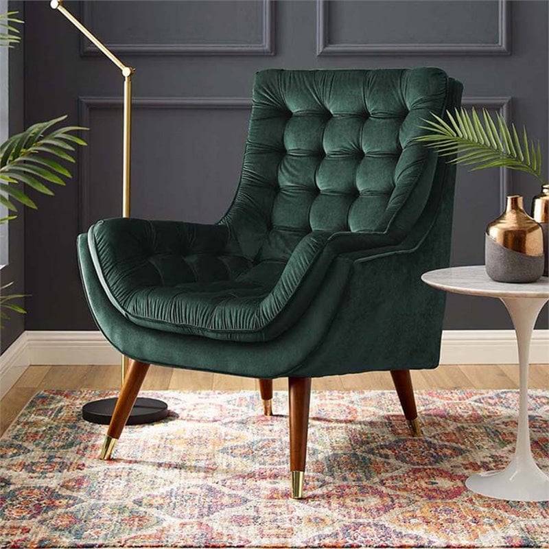 Maklaine Contemporary Tufted Performance Velvet Lounge Chair in Green