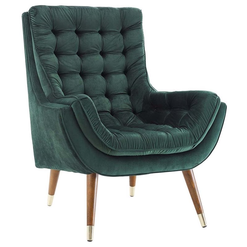 Maklaine Contemporary Tufted Performance Velvet Lounge Chair in Green