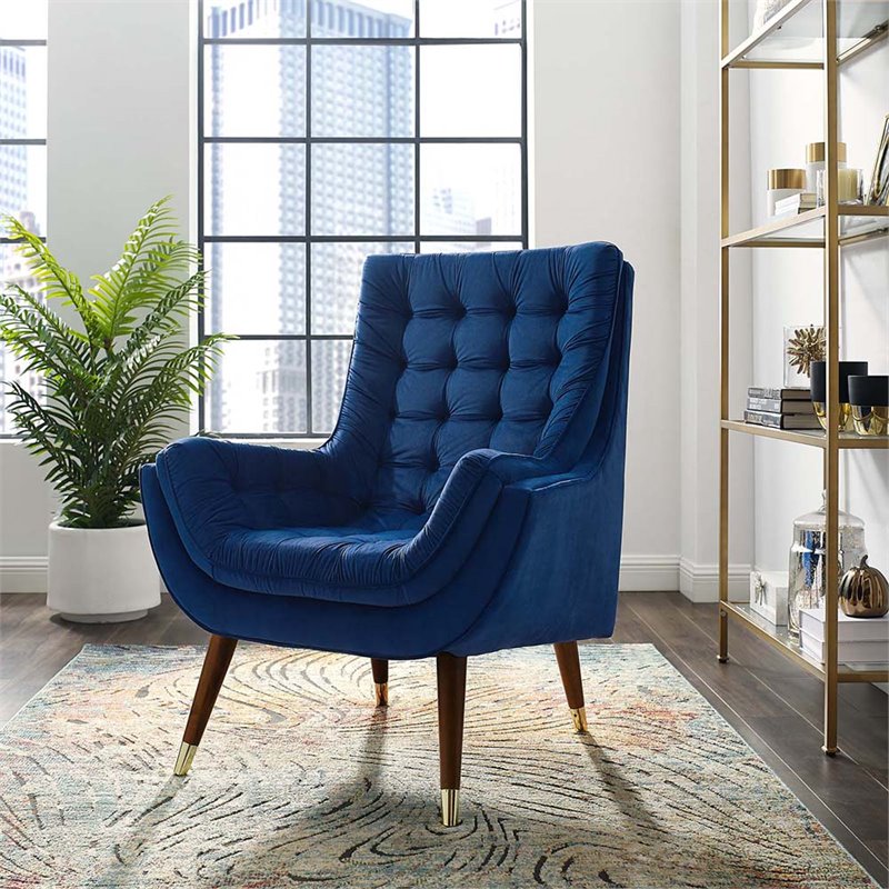 Maklaine Contemporary Tufted Performance Velvet Lounge Chair in Navy