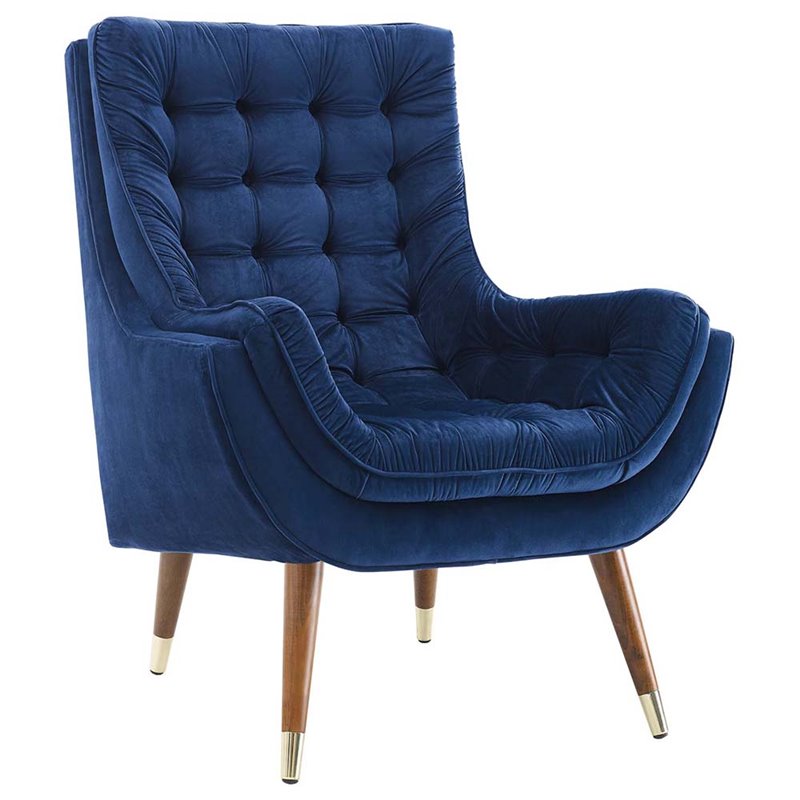 Maklaine Contemporary Tufted Performance Velvet Lounge Chair in Navy