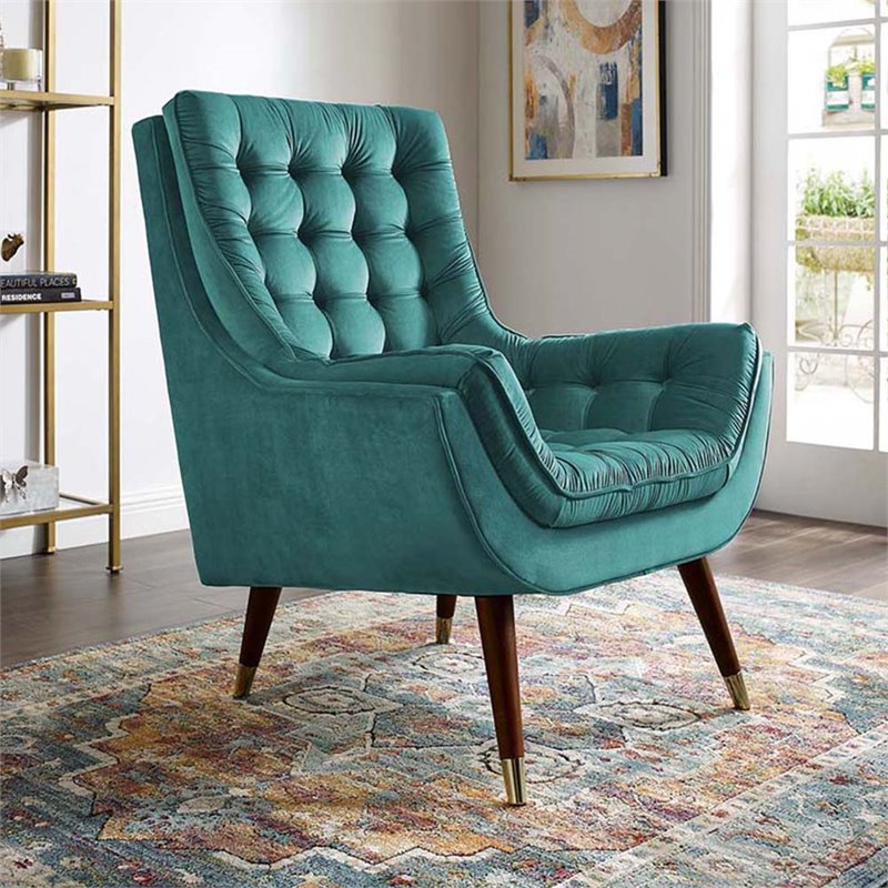 Maklaine Contemporary Tufted Performance Velvet Lounge Chair in Teal