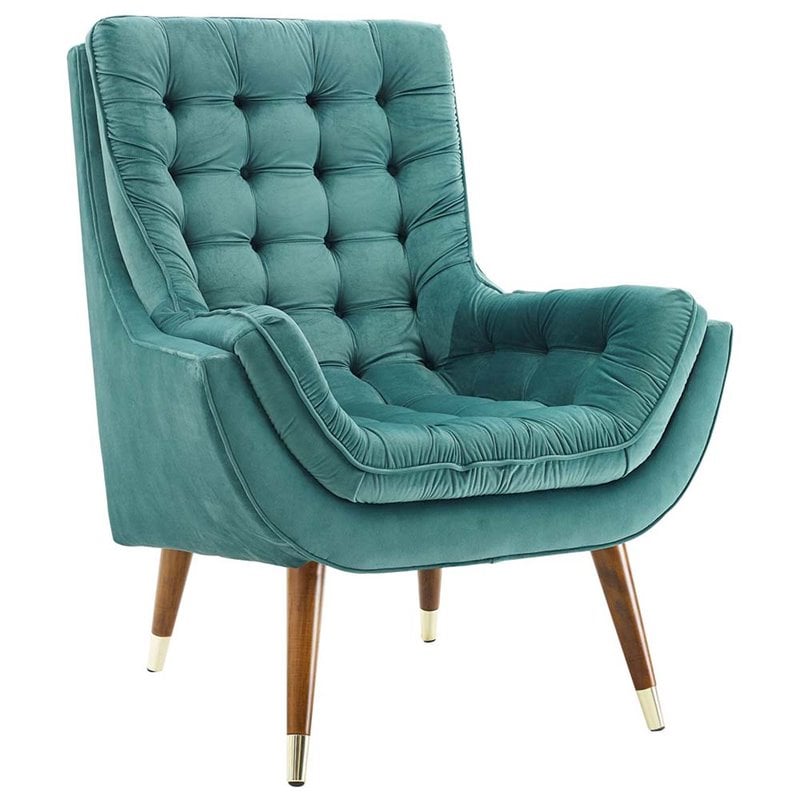 Maklaine Contemporary Tufted Performance Velvet Lounge Chair in Teal