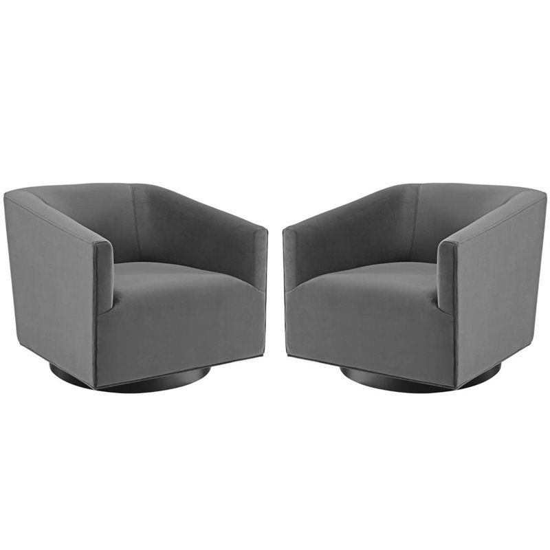 Maklaine Performance Velvet Tufted Swivel Arm in Gray (Set of 2)