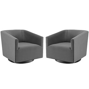 Maklaine Performance Velvet Tufted Swivel Arm in Gray (Set of 2)