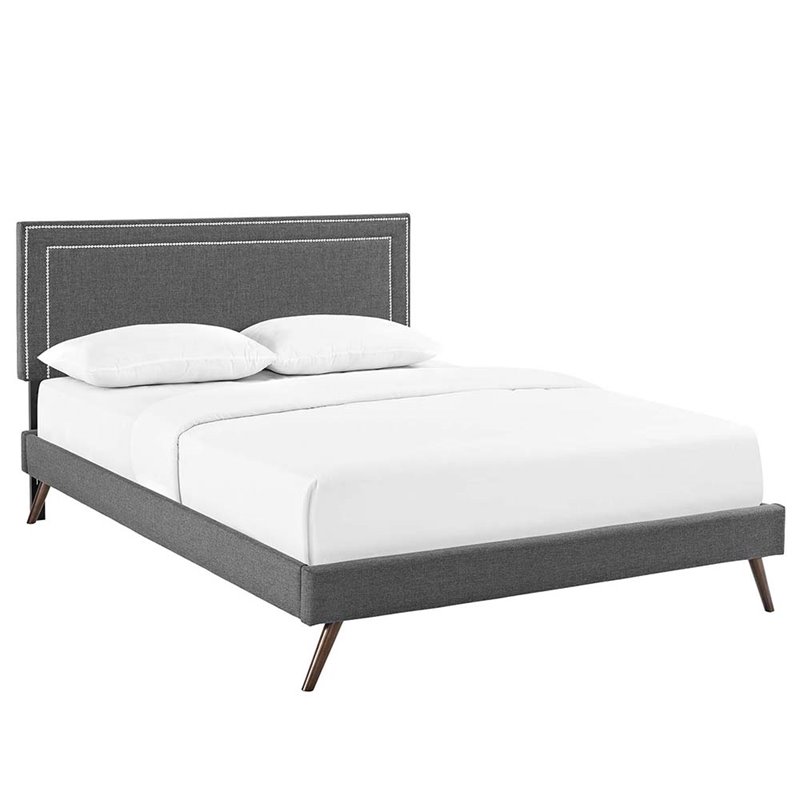 Maklaine Queen Fabric Platform Bed with Round Splayed Legs in Gray