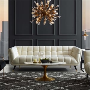 Maklaine Contemporary Performance Velvet Tufted Sofa in Ivory and Black