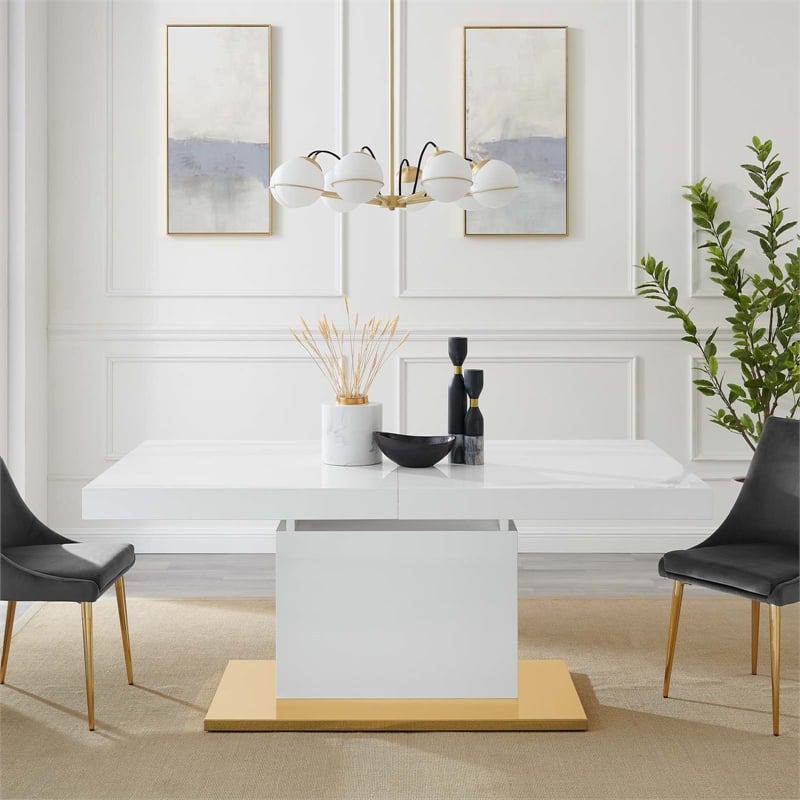 Maklaine Contemporary Expandable Wood Dining Table in White/Gold