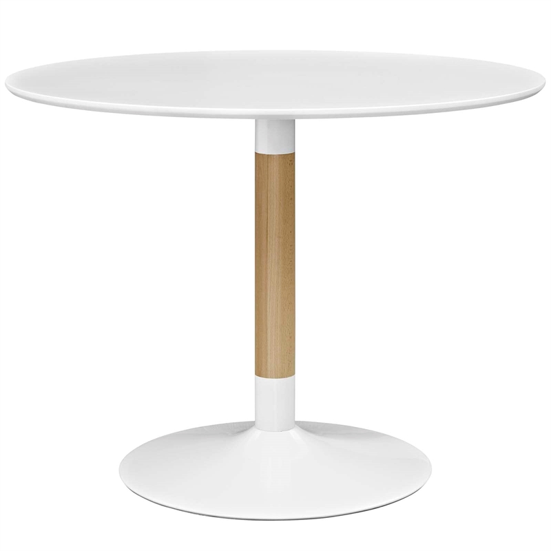 Maklaine Round MDF Wood Steel and Birchwood Dining Table in White