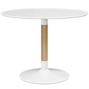 Maklaine Round MDF Wood Steel and Birchwood Dining Table in White