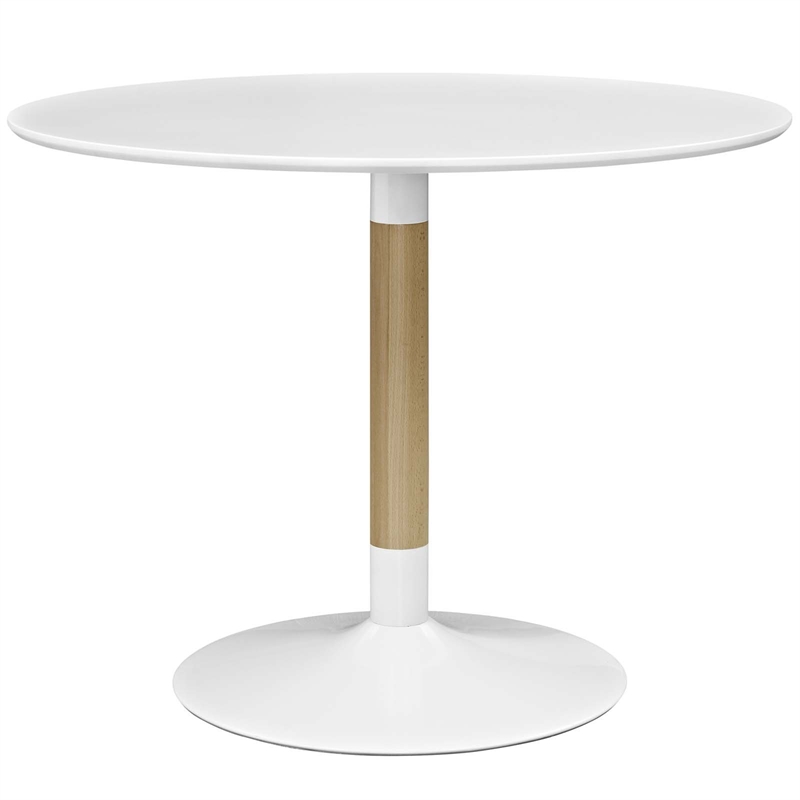 Maklaine Round MDF Wood Steel and Birchwood Dining Table in White