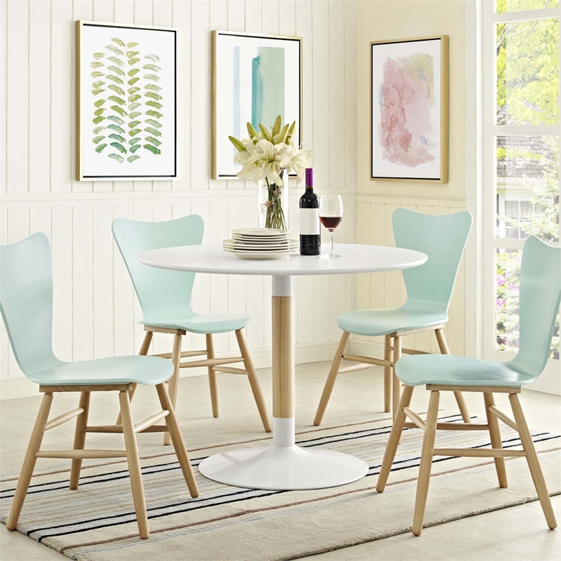 Maklaine Round MDF Wood Steel and Birchwood Dining Table in White