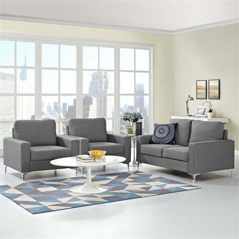 Maklaine Modern Steel & Fabric Upholstered Sofa in Gray/Silver