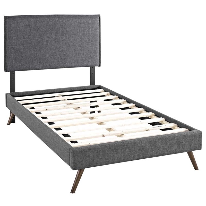 Maklaine Upholstered Twin Platform Bed Frame in Gray With Splayed Legs