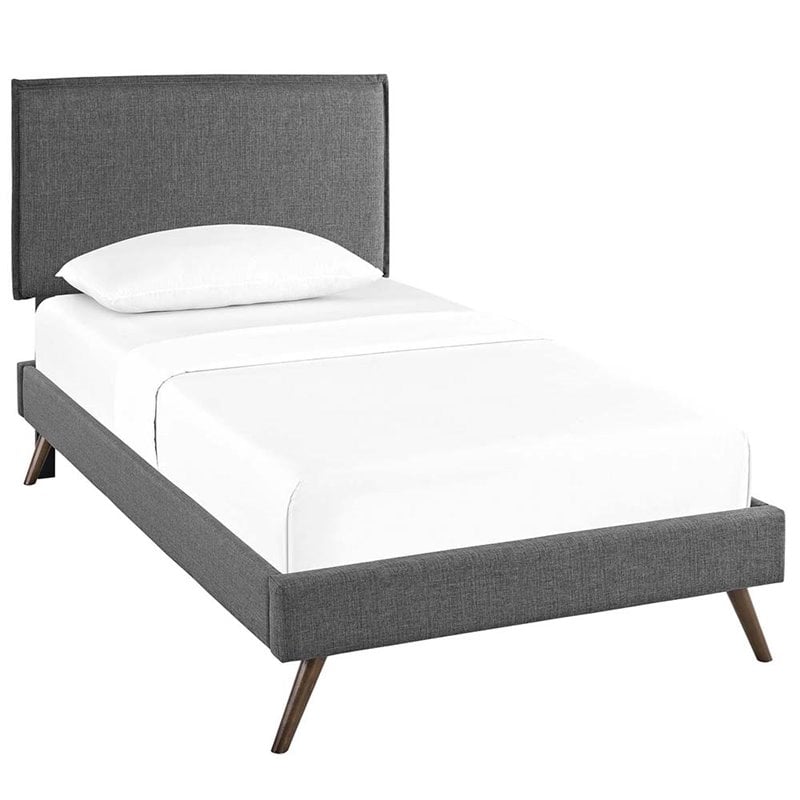 Maklaine Upholstered Twin Platform Bed Frame in Gray With Splayed Legs