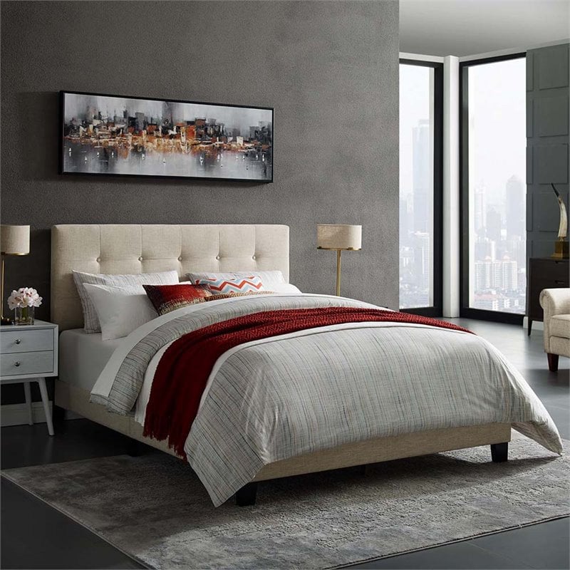 Maklaine Full Modern Upholstered Polyester Fabric Bed in Beige