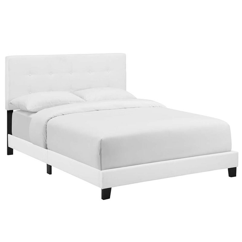 Maklaine Queen Modern Upholstered Polyester Fabric Bed in White