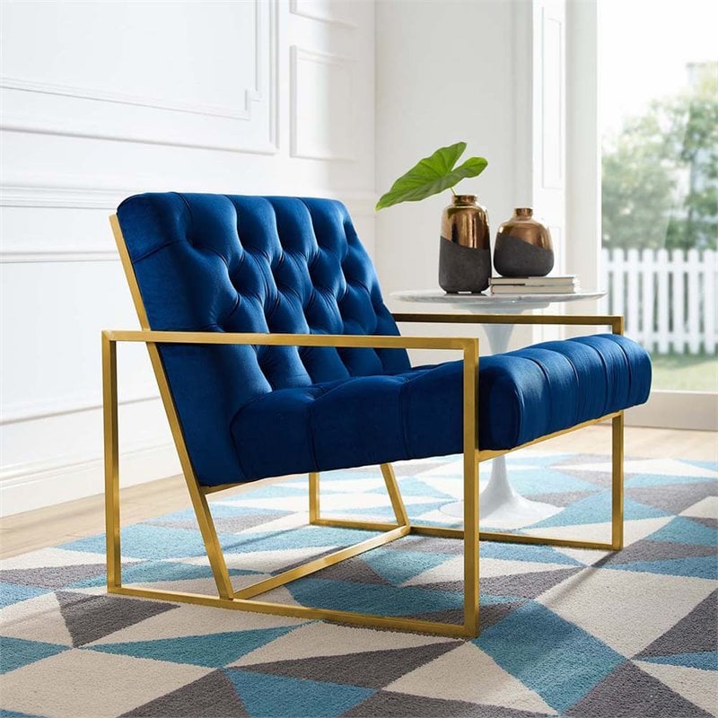 Maklaine Contemporary Tufted Performance Velvet Armchair in Navy & Gold