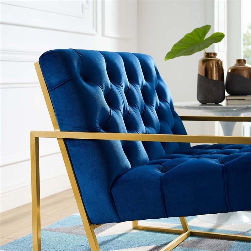 Maklaine Contemporary Tufted Performance Velvet Armchair in Navy & Gold
