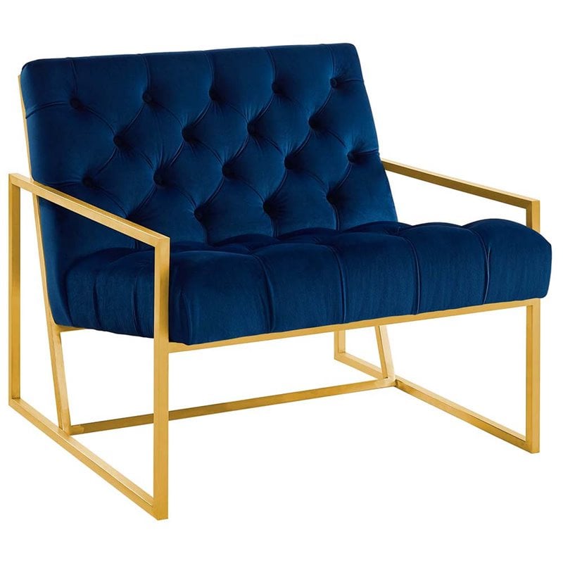 Maklaine Contemporary Tufted Performance Velvet Armchair in Navy & Gold