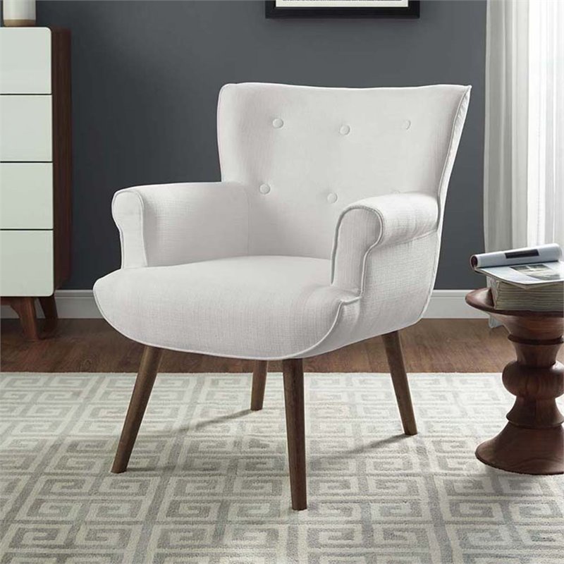 Maklaine Tufted Polyester Fabric Accent Chair in White and Walnut