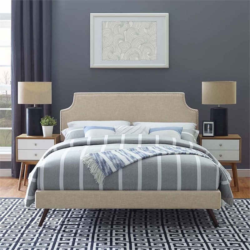 Maklaine Queen Fabric Platform Bed with Round Splayed Legs in Beige