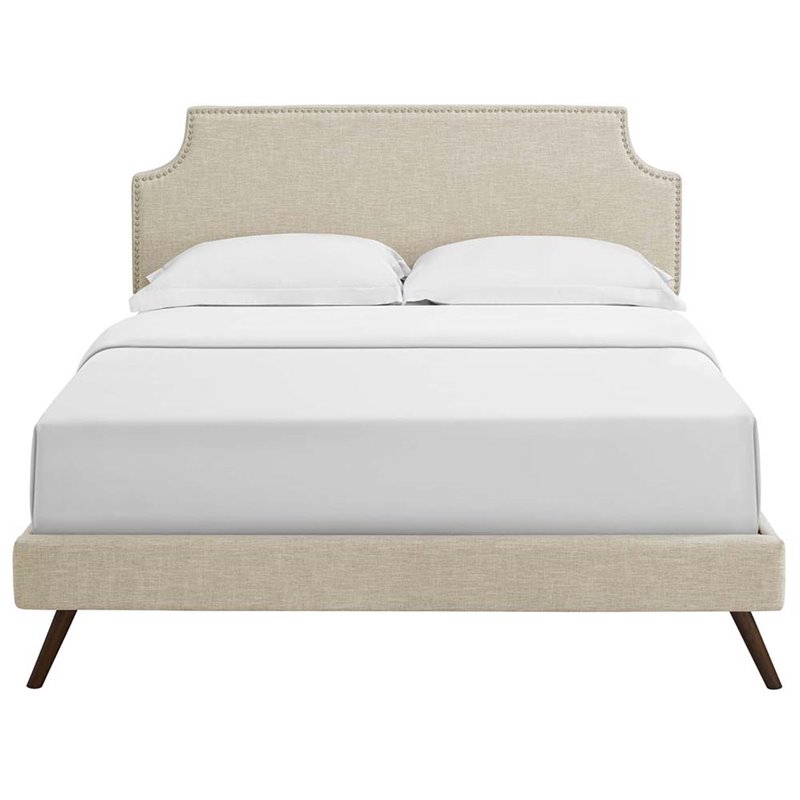 Maklaine Queen Fabric Platform Bed with Round Splayed Legs in Beige
