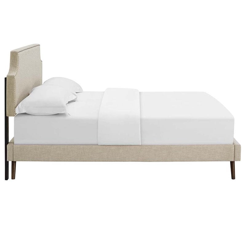 Maklaine Queen Fabric Platform Bed with Round Splayed Legs in Beige