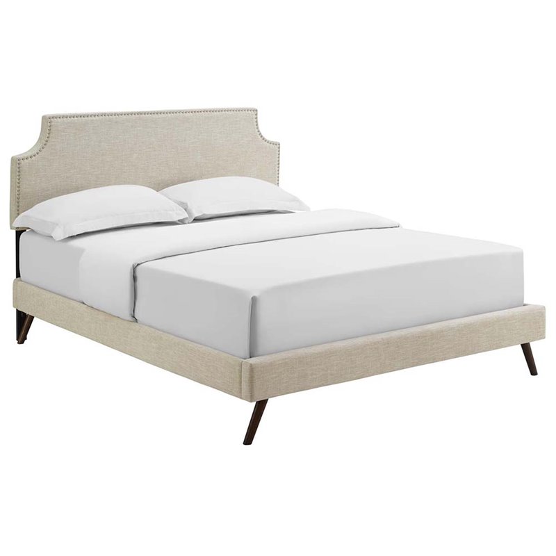 Maklaine Queen Fabric Platform Bed with Round Splayed Legs in Beige
