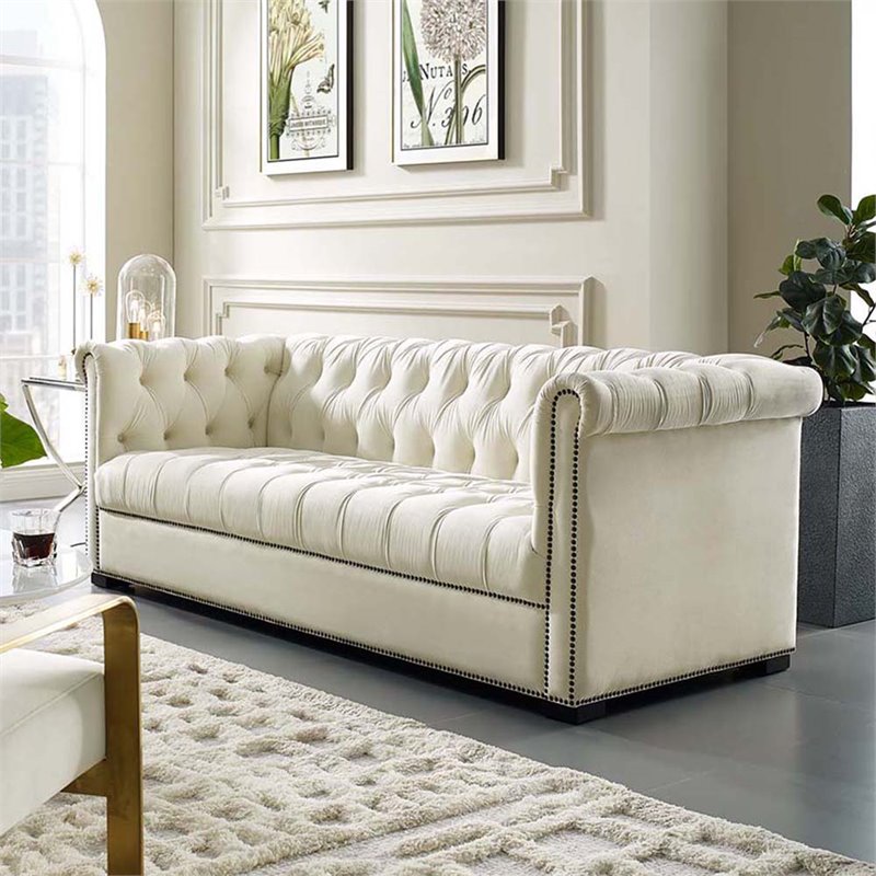 Maklaine Contemporary Tufted Performance Velvet Sofa in Ivory & Black