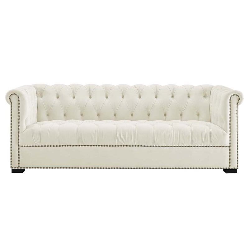 Maklaine Contemporary Tufted Performance Velvet Sofa in Ivory & Black