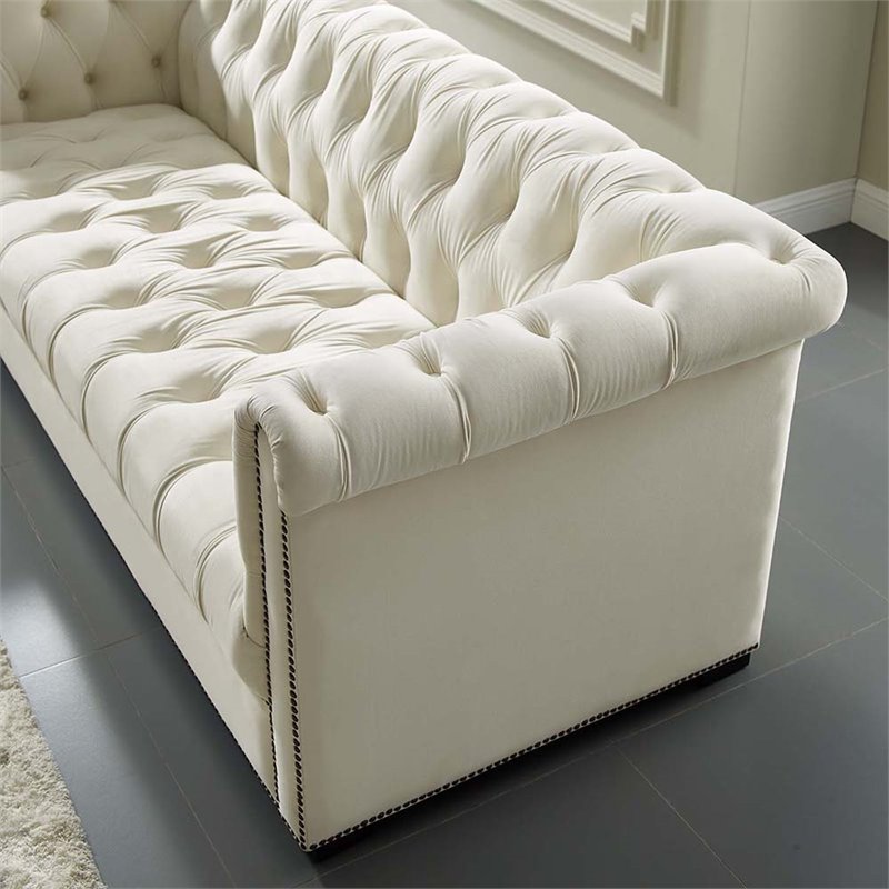 Maklaine Contemporary Tufted Performance Velvet Sofa in Ivory & Black