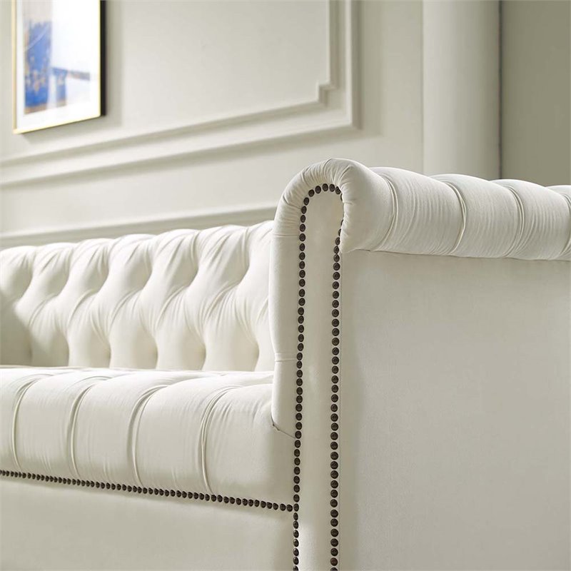 Maklaine Contemporary Tufted Performance Velvet Sofa in Ivory & Black