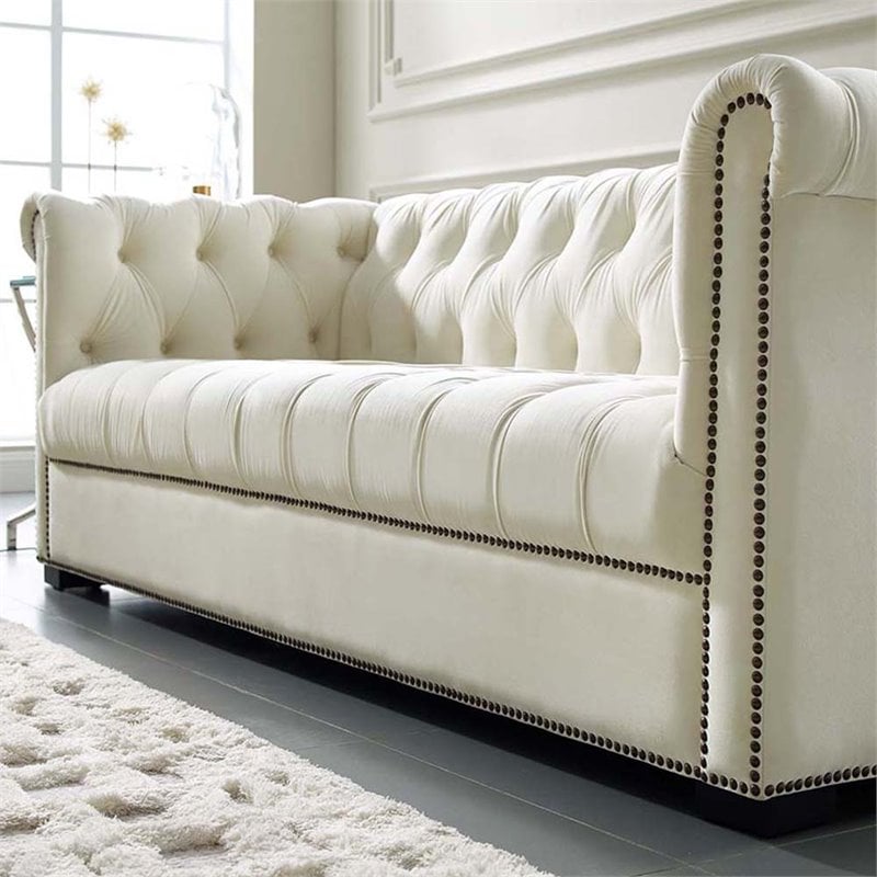 Maklaine Contemporary Tufted Performance Velvet Sofa in Ivory & Black