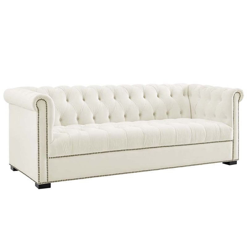 Maklaine Contemporary Tufted Performance Velvet Sofa in Ivory & Black