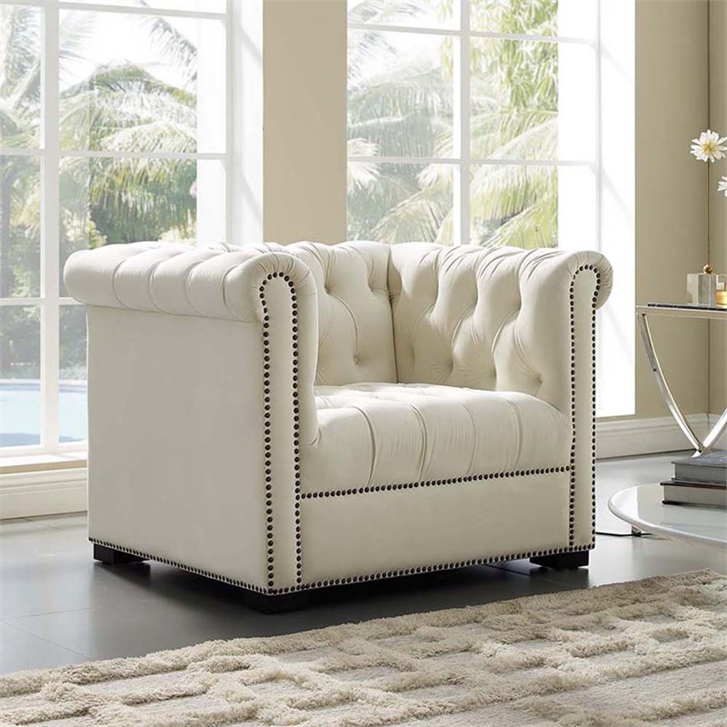 Maklaine Contemporary Tufted Performance Velvet Accent Armchair in Ivory