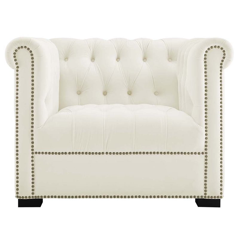 Maklaine Contemporary Tufted Performance Velvet Accent Armchair in Ivory