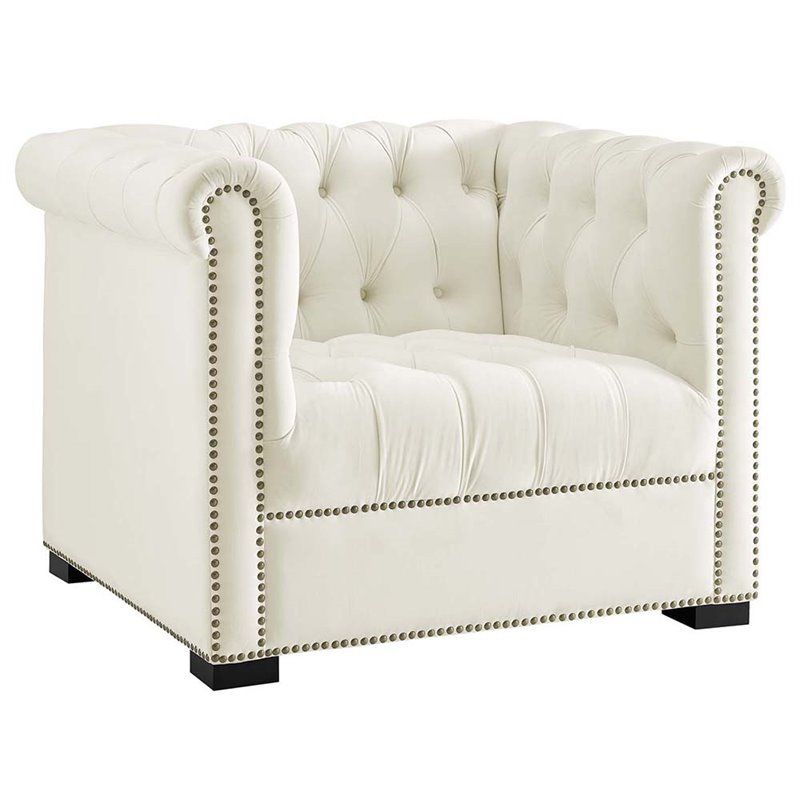 Maklaine Contemporary Tufted Performance Velvet Accent Armchair in Ivory