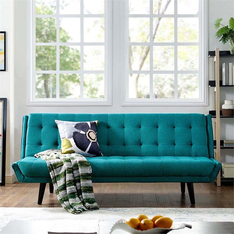 Maklaine Tufted Convertible Fabric & Wood Sofa Bed in Teal and Black