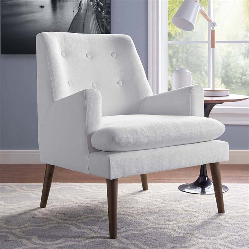 Maklaine Contemporary Tufted Fabric Lounge Chair in White and Walnut